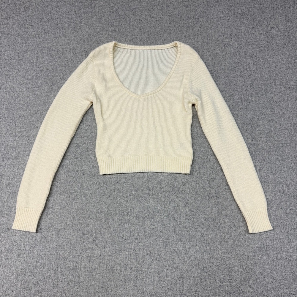 Unbranded Ribbed Knit Crop Sweater Size M Cream Ivory Scoop V-Neck Long Sleeve